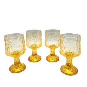 Hand Blown Lenox Impromptu Crystal Yellow Textured Glass Goblets Set Of 4